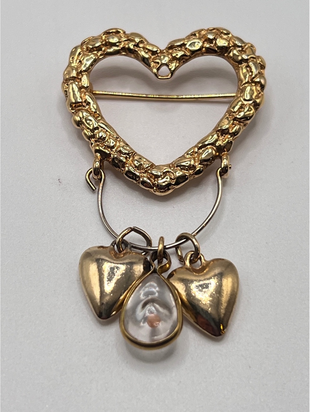 Vintage Gold Tone Heart Brooch Mustard Seed Faith Dangle Charm Pin
